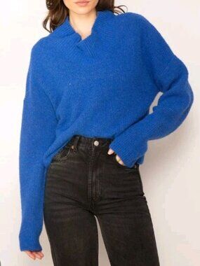 Central Park West Blue Wool Blend Sweater Cowl Neck Small